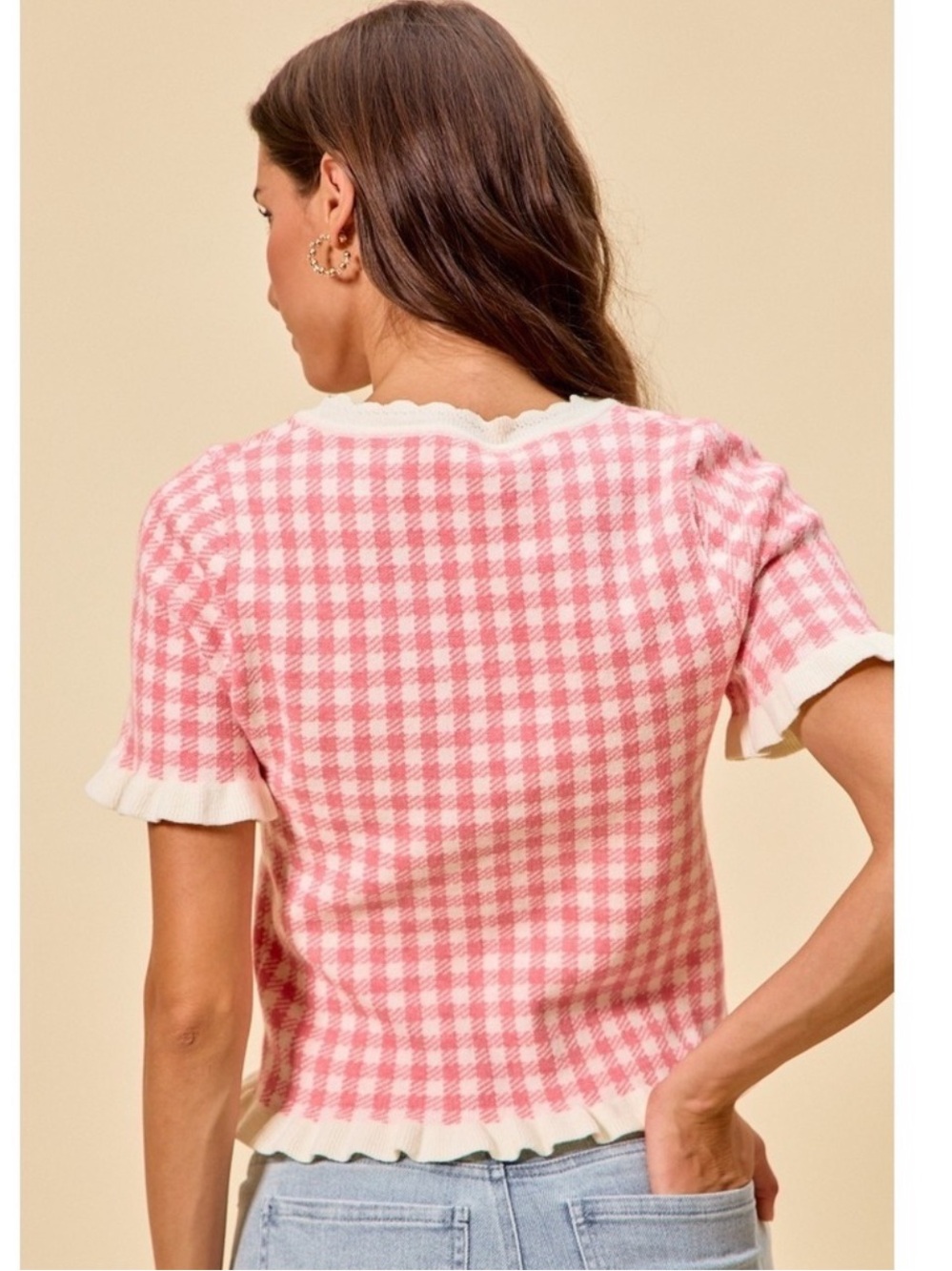 SO ME XL White Ivory Pink Gingham Knit Ruffle Trim Short Sleeve Sweater Top - Picture 2 of 13